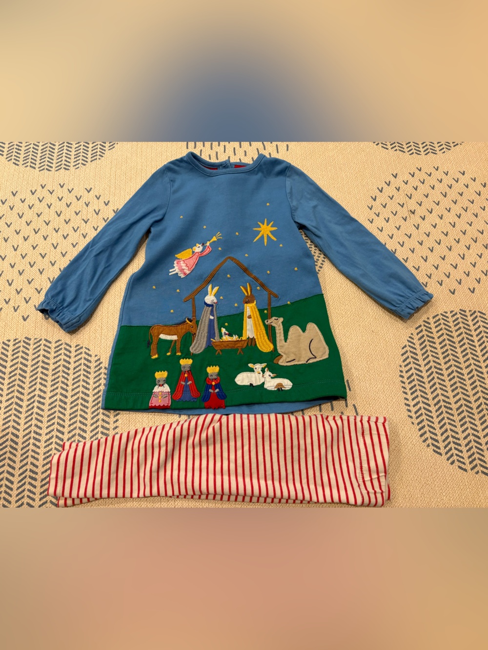 Mini Boden Blue Long-Sleeve Nativity Top with Green Panel